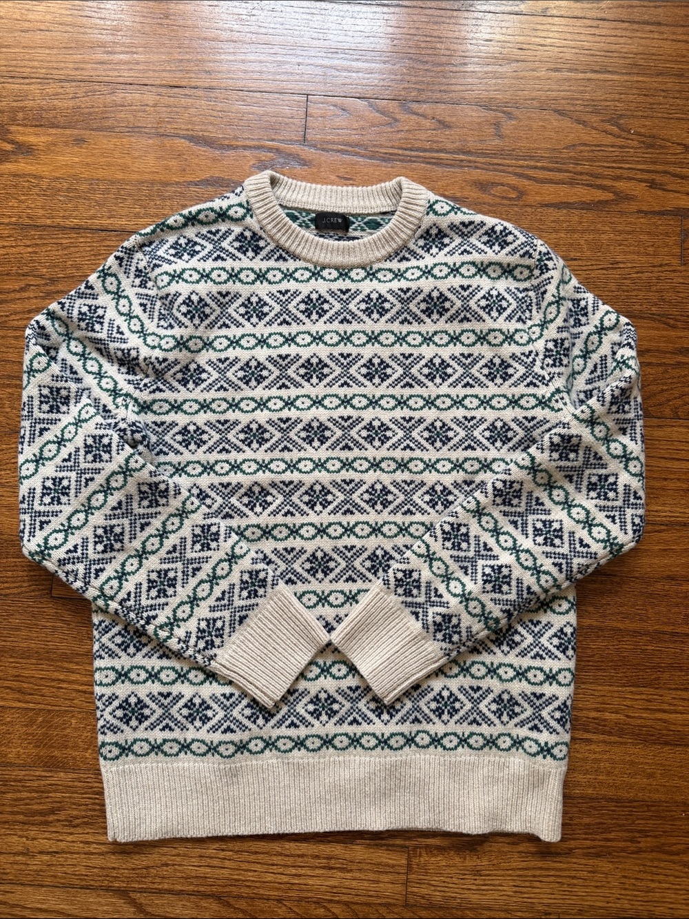 J.Crew Fair Isle Nordic Crewneck Sweater Cream Navy Green Wool Blend Size M